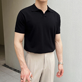 夏季弹力短袖男针织衫套头翻领T恤休闲V领薄款A407-DT83-P60黑，男装T恤，电商A407