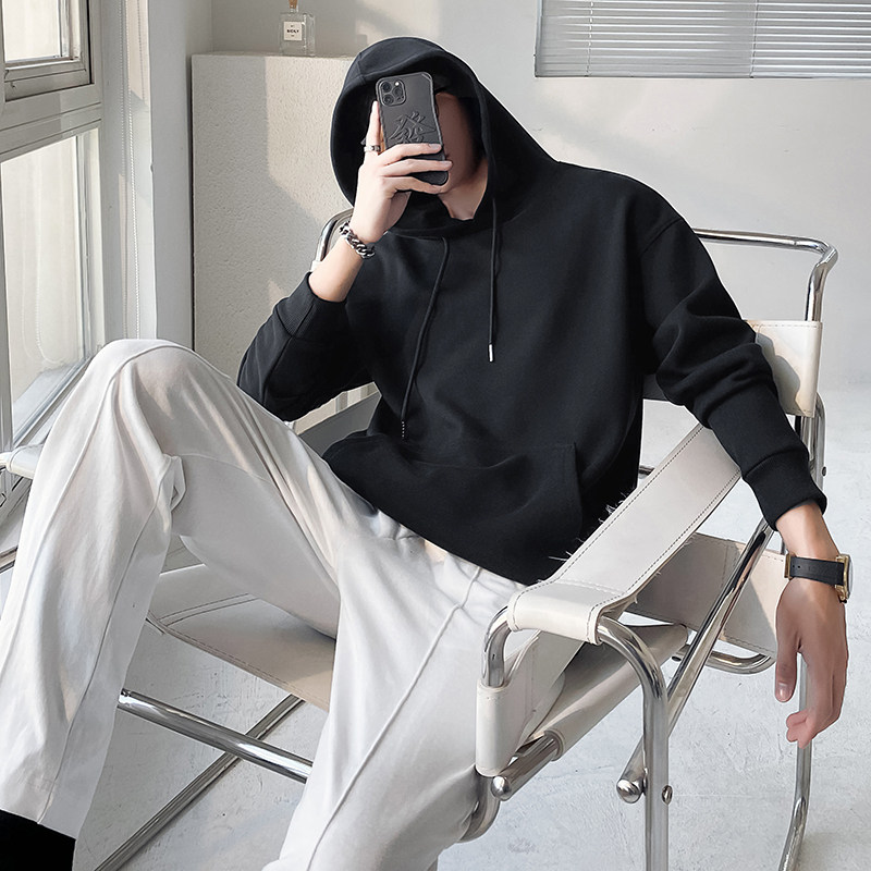 ins轻熟风男士纯色360克重磅连帽长袖T恤打底衫白WY02-P55控78,男装T恤,电商A407