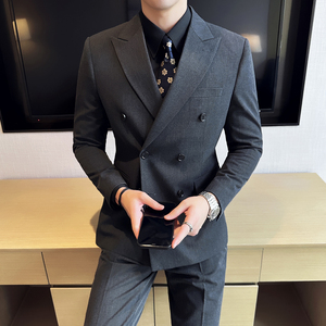 男士结婚礼服双排扣枪驳领西服修身新郎伴郎服A407/XZ338灰-P125图片