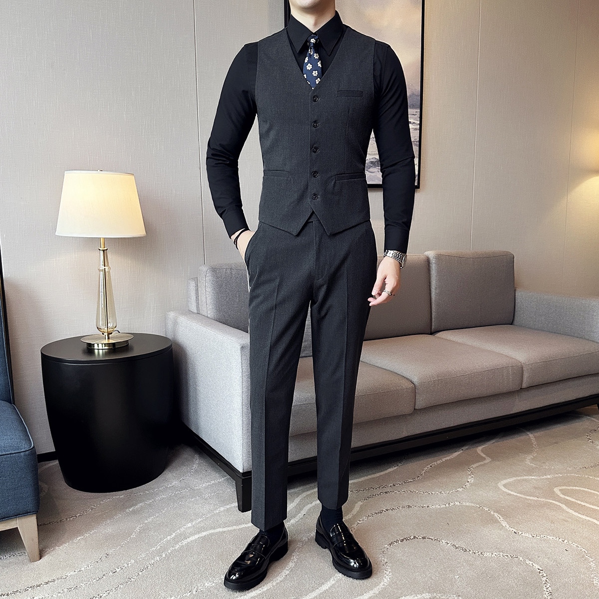 2025新款男士单排商务休闲V领修身马甲新郎伴郎服灰-MJ338-P45,男装背心/马甲,电商A407