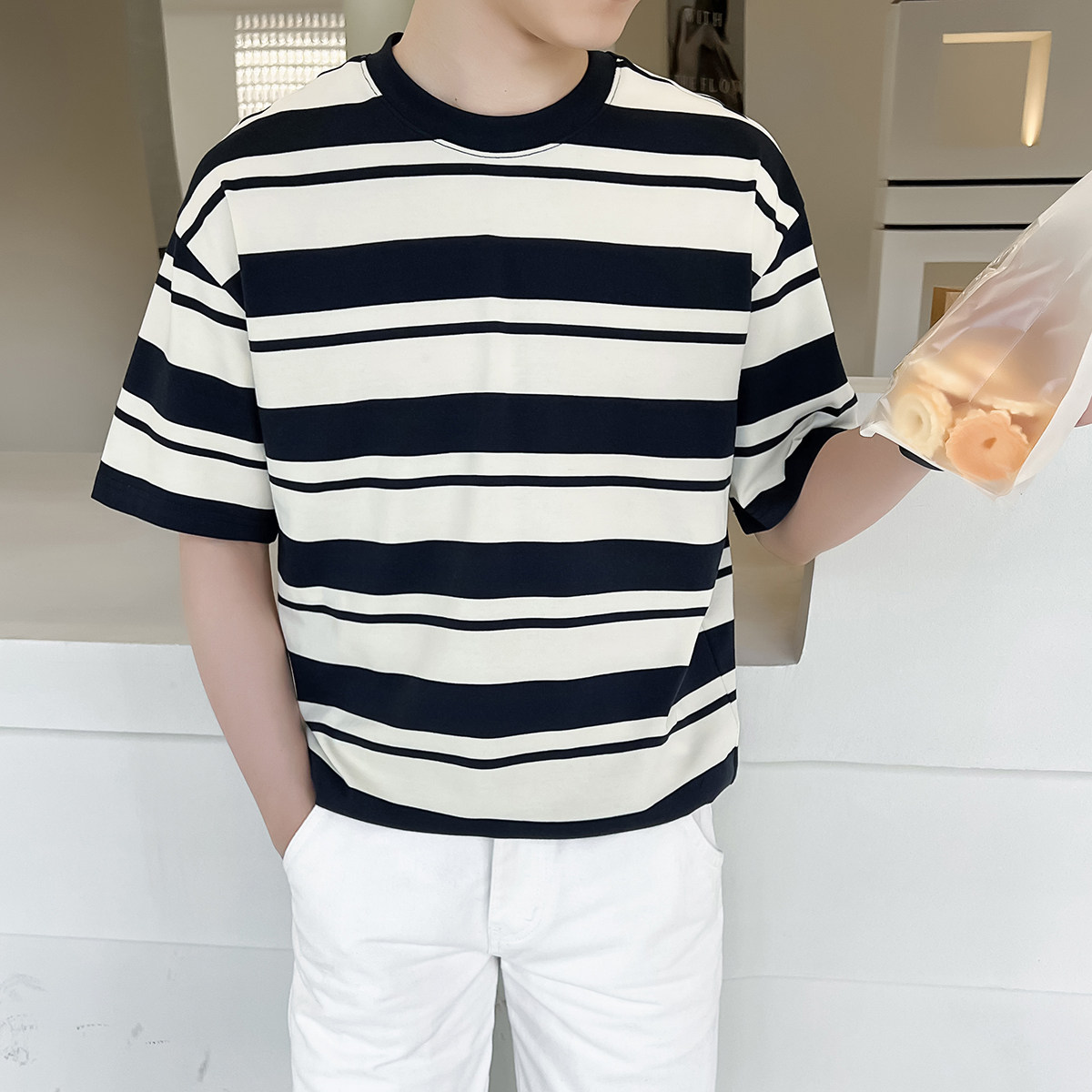 轻熟风男士夏季条纹拼色宽松落肩T恤灰A407-DT60-P55-控78,男装T恤,电商A407