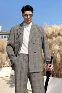 男士网红纯色格子垂感宽松西服外套男青年西装咖XZ281-P165控198图片