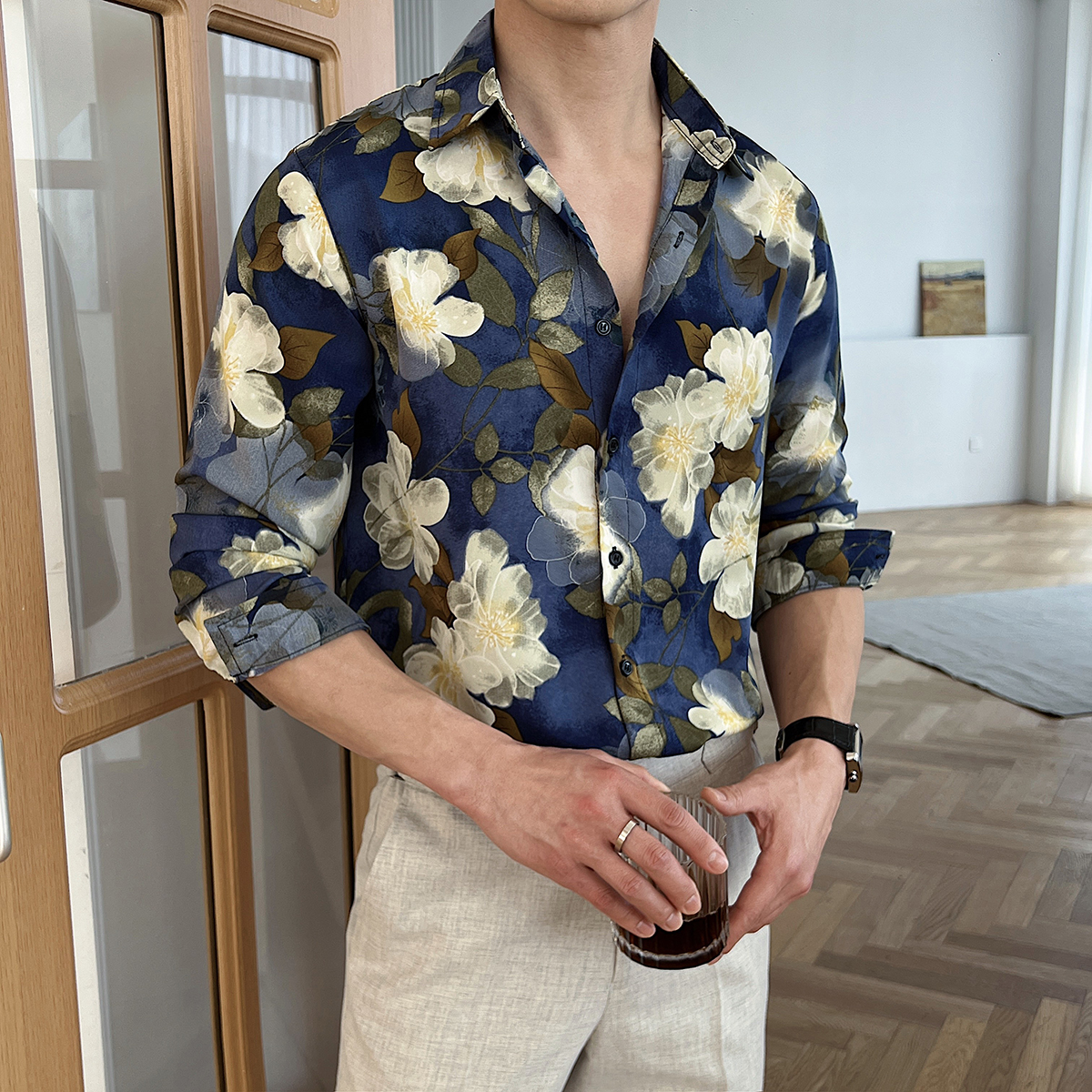 男士休闲垂感印花长袖衬衫轻熟慵懒风宽松免烫抗皱衬衣CS138/P60，男装衬衫，电商A407
