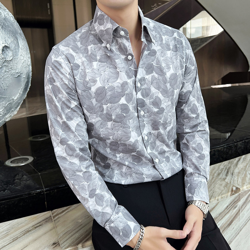 2025男士新款商务休闲大尖领长袖碎花衬衫绿A407-CS93-P68,男装衬衫,电商A407