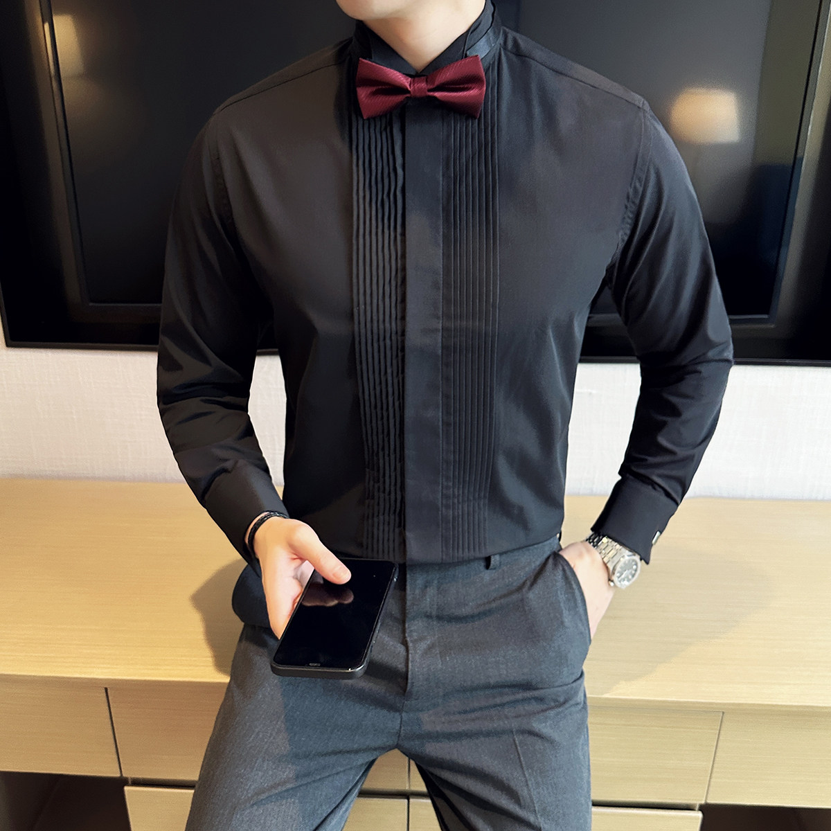 23新款婚礼法式袖翼型领衬衫纯色白色礼服长袖衬衣A407-CS104-P60,男装衬衫,电商A407