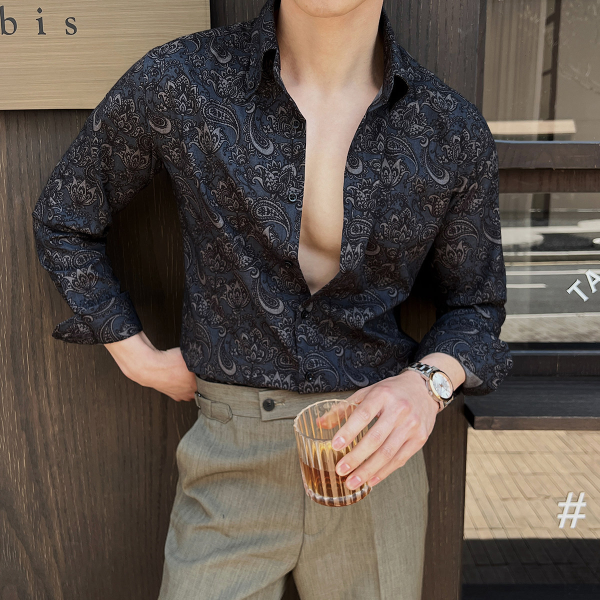 男士长袖印花衬衣痞帅高级修身英伦风春秋衬衫A407-CS108-P70黑,男装衬衫,电商A407