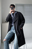 ins轻熟风男士落肩宽松版中长款休闲风衣外套黑FY02-P155控198，男装风衣，电商A407