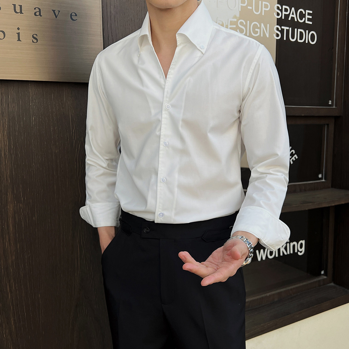 男士礼服衬衫韩版长袖纯色衬衫V领英伦修身衬衣A407-CS106-P60白，男装衬衫，电商A407