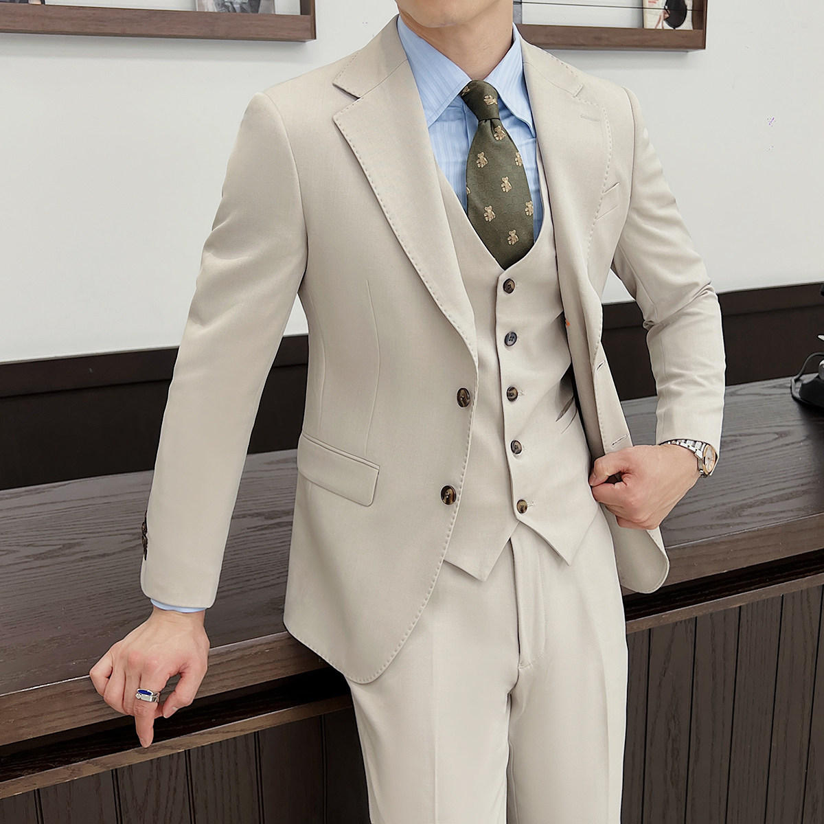 新款男士单排扣西服新郎伴郎服男式修身韩版休闲西装XZ360-P155杏图片