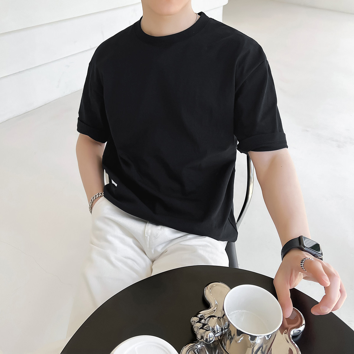 ins轻熟风高品质260克男士三防T圆领微宽落肩T恤黑A407-DT66-P25图片