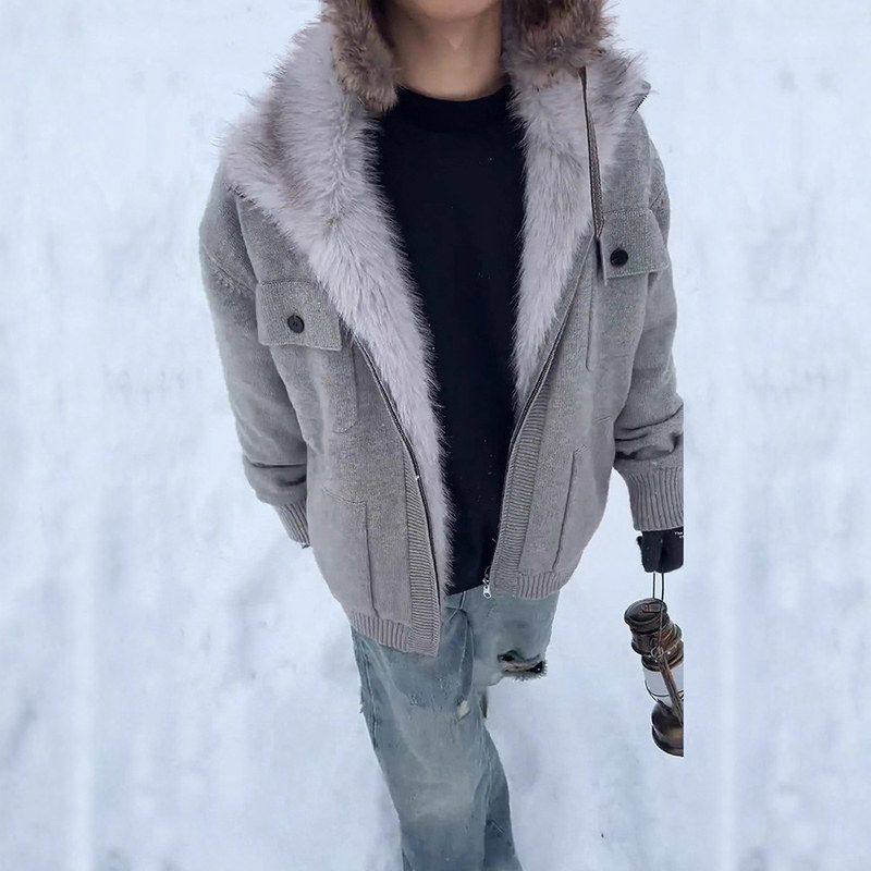 加厚棉服le毛衣外套c毛领加绒保暖冬季夹克针织衫座山雕男款anfit