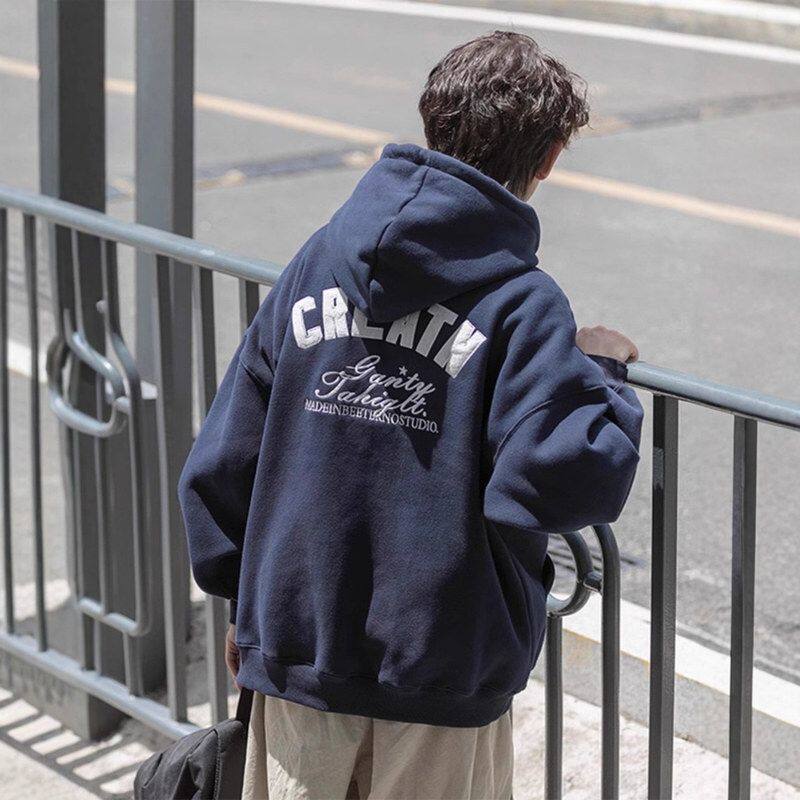 连帽外套美式男卫衣city日系重磅oversizeboy250g藏蓝色加绒复古