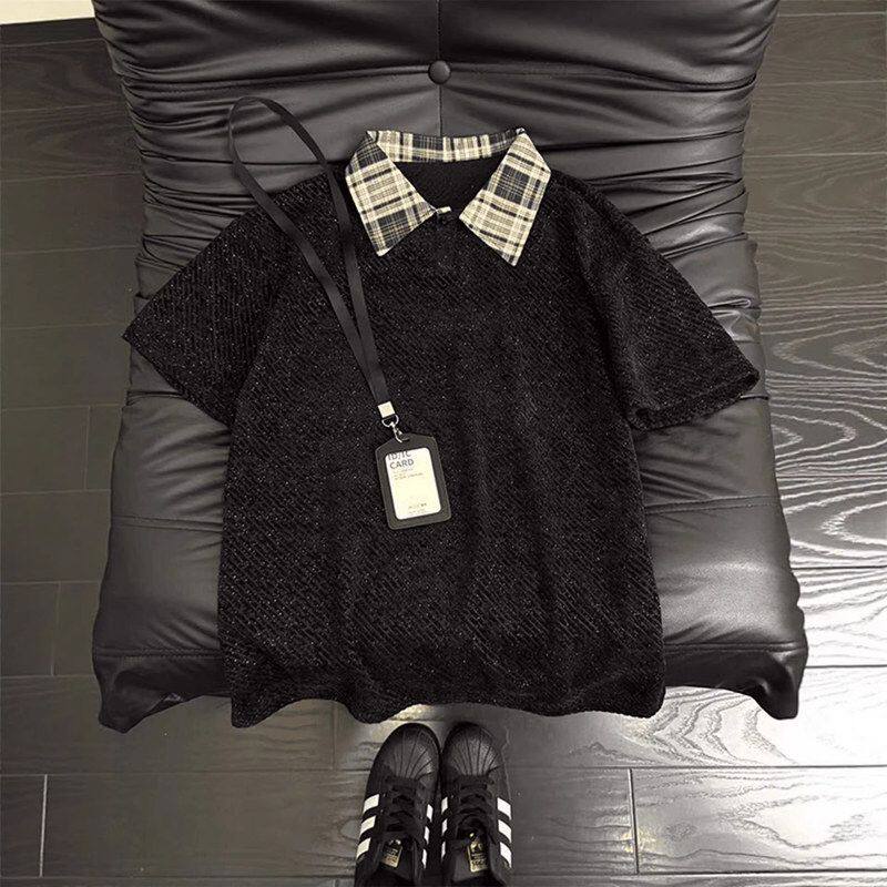 短袖美式半袖衫复古正肩翻领格纹拼接假两件t恤男款polo夏季宽松