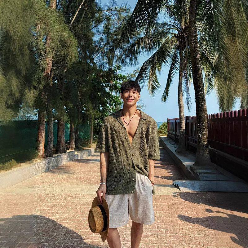 风衬衫短袖男度假老钱海边夏威夷针织镂空穿领复古衬衣古巴宽松搭