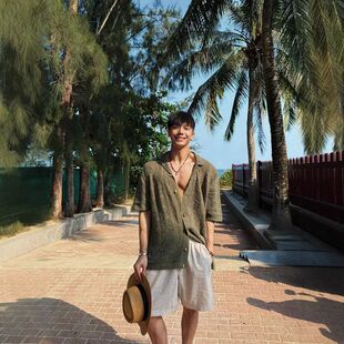 风衬衫短袖男度假老钱海边夏威夷针织镂空穿领复古衬衣古巴宽松搭