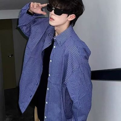 长袖秋季男女格子经典百搭外套宽松衬衫美式蓝色复古慵懒格纹衬衣