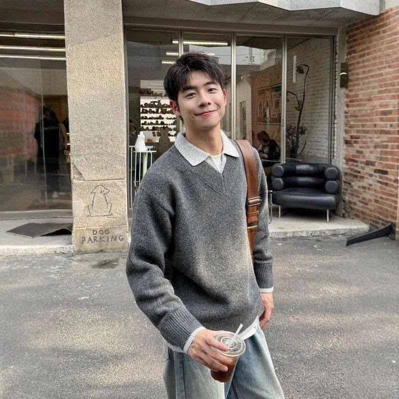 OLO领老钱假两件高级感秋冬小灰色针织衫PV慵懒男款衫风内毛衣搭