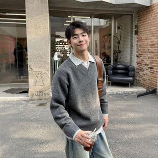 OLO领老钱假两件高级感秋冬小灰色针织衫PV慵懒男款衫风内毛衣搭