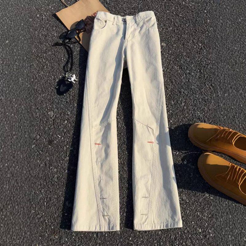 男款le牛仔裤工装裤纽扣长裤直筒孔anfit设计感c刺绣微喇水洗斜切