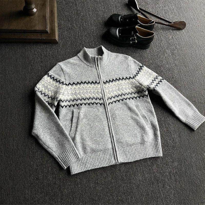 开衫灰费尔岛针织冬季男女高雅拉链风半外套高领毛衣复古美式慵懒