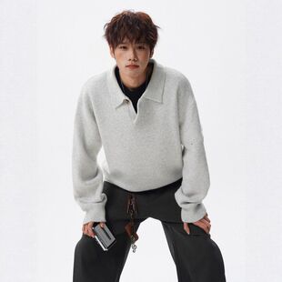 休闲美式针织衫男情侣高级感毛衣百搭领宽松秋冬POLO潮牌简约上衣