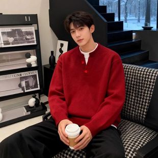 毛衣加厚针织衫亨利领搭红色打底衫穿男款圆领假两件冬季新年情侣