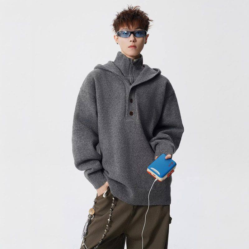 假两件潮牌重磅百搭立领设计感毛衣男冬风慵懒休闲针织衫美式帽衫