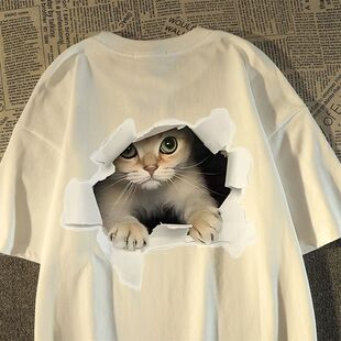 情侣纯棉印花女新款趣味猫咪t恤2026宽松短袖上衣美式夏季潮牌男