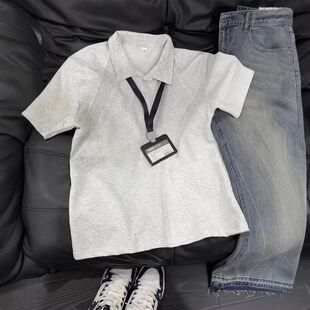 衬衫领拼接p短袖设计感重磅美式olo夏季硬挺t恤灰色衫袖男款半截