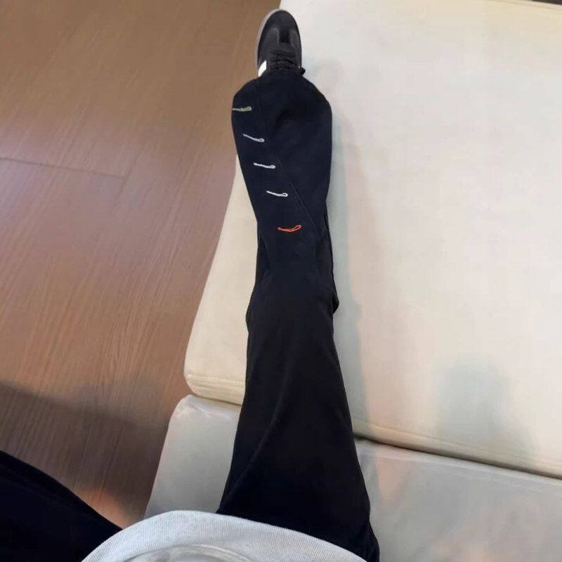 微喇刺绣设计潮牌vibe春季弯刀黑色裤子高街牛仔裤裤美式男生直筒
