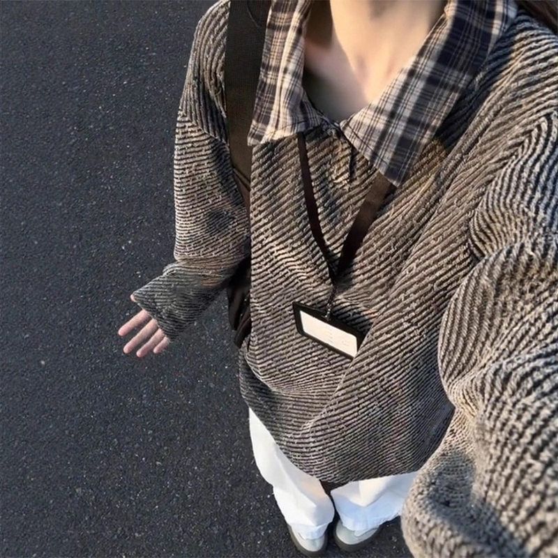 olo肩深灰色条纹p重磅衫雪尼尔长袖冬季针织男款慵懒卫衣t恤风正