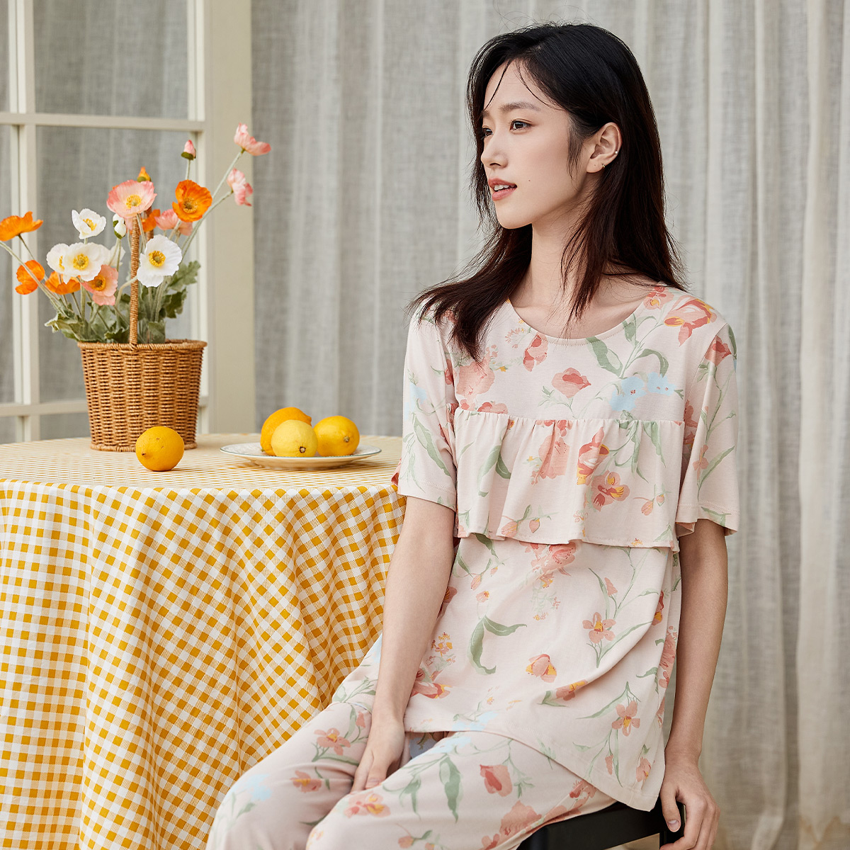 顶瓜瓜纯棉防凸点睡衣女夏季短袖长裤套头印花免穿文胸家居服薄款
