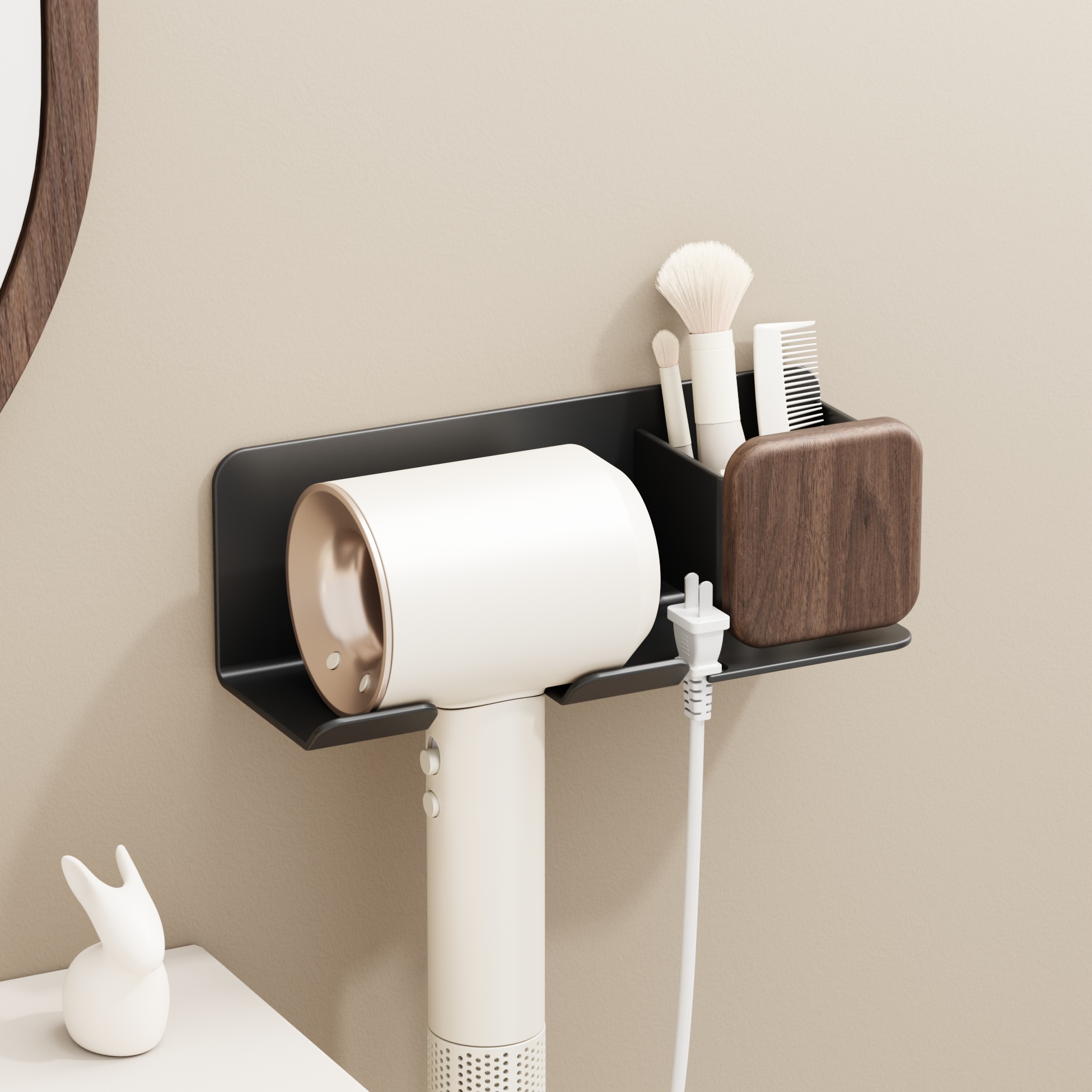 胡桃木吹风机置物架免打孔卫生间电吹风支架壁挂浴室风筒收纳架子