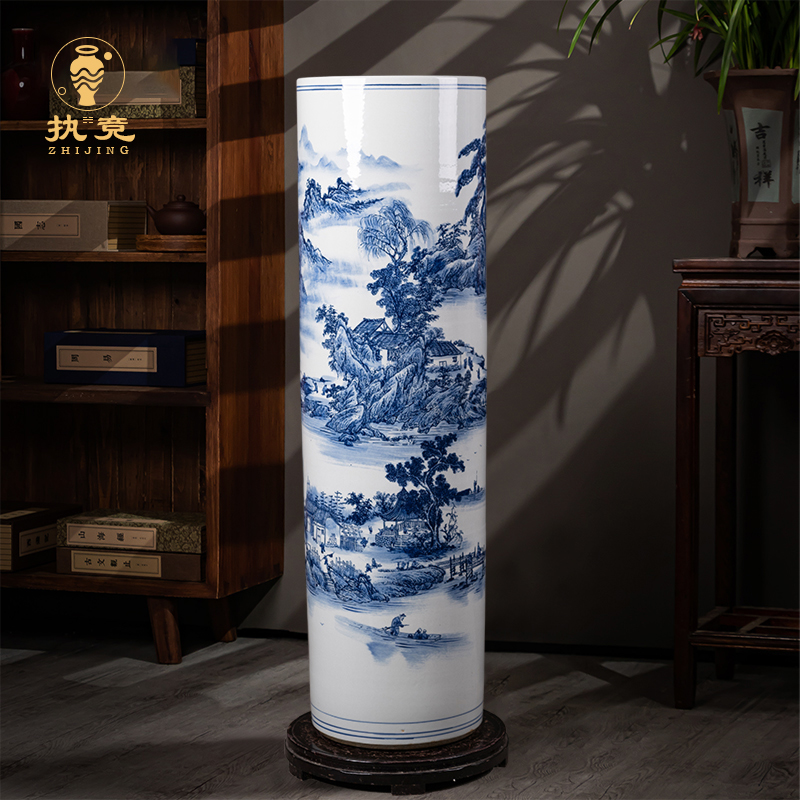 新中式直筒青花瓷摆件