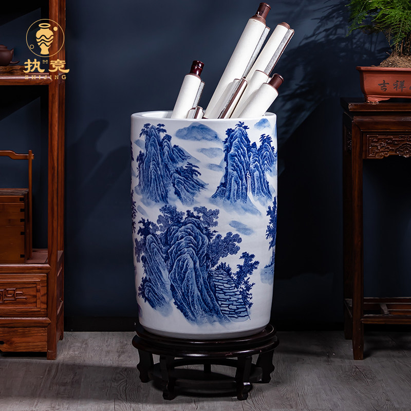 书房客厅书画缸卷轴缸字画桶中式装饰摆件景德镇陶瓷器落地大花瓶