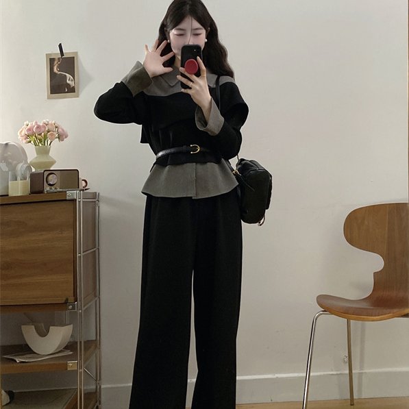 2025新款大码女装高腰宽松显瘦休闲长袖上衣搭配纯色阔腿裤两件套