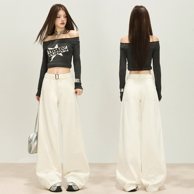米白色腰带直筒牛仔裤女2025秋新款高腰休闲宽松阔腿拖地裤卡其色