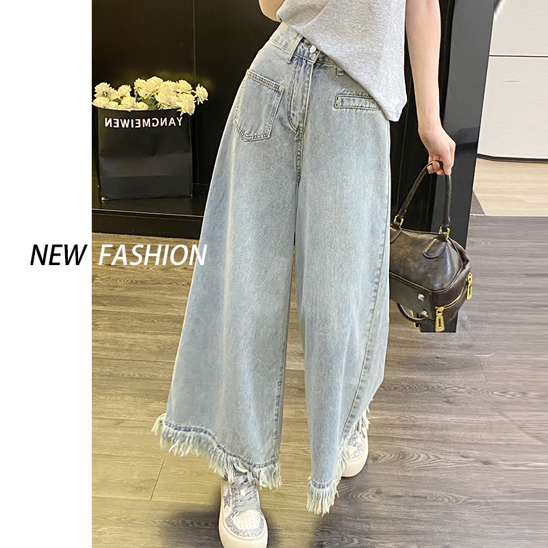 毛边大阔腿牛仔裤女春秋2025年新款浅蓝色高腰宽松流苏大喇叭裤子