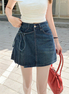 深蓝色牛仔短裙女新款高腰显瘦