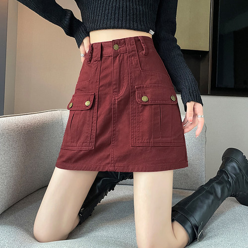 安可拉红色牛仔半身裙女2024早秋