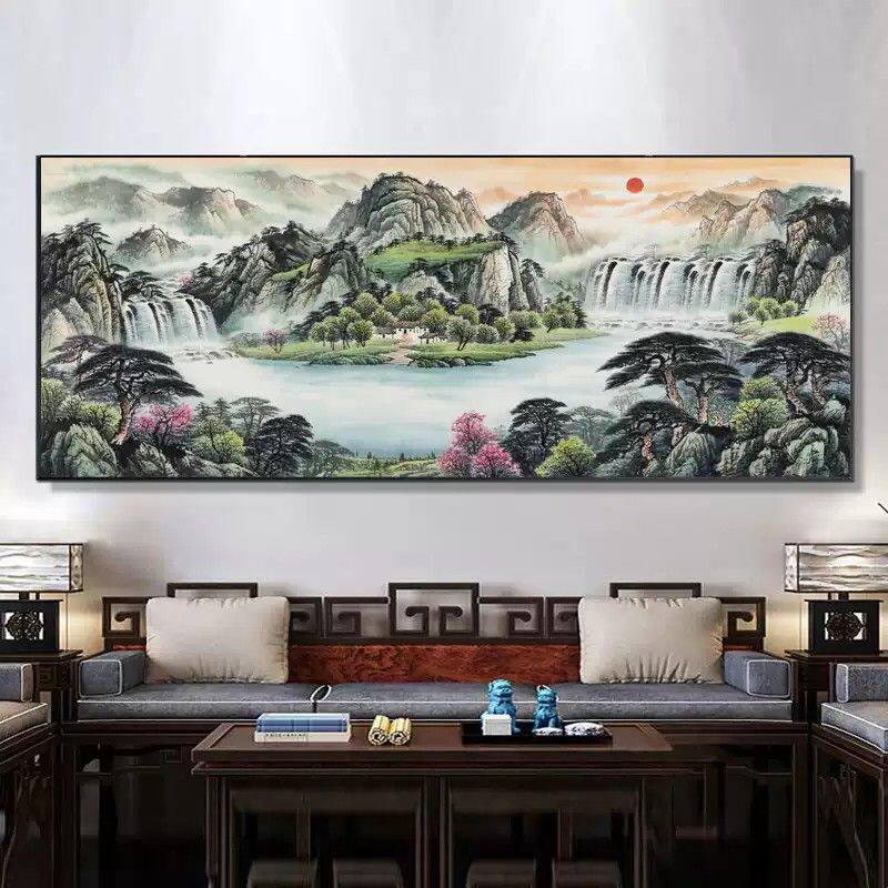 山水画客厅挂画字画办公室装饰风景画国画中堂沙发背景墙画聚宝盆