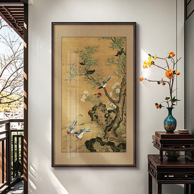 宋代美学玄关装饰画新中式茶室客厅挂画中古风花鸟复古竖版壁画雅