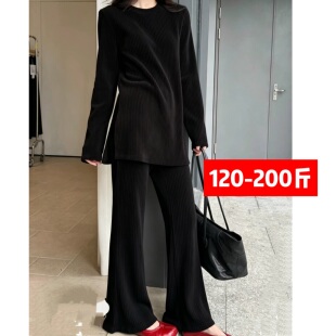大码条绒阔腿裤休闲宽松甩裤春秋冬季大衫两件套套装纸片人显瘦