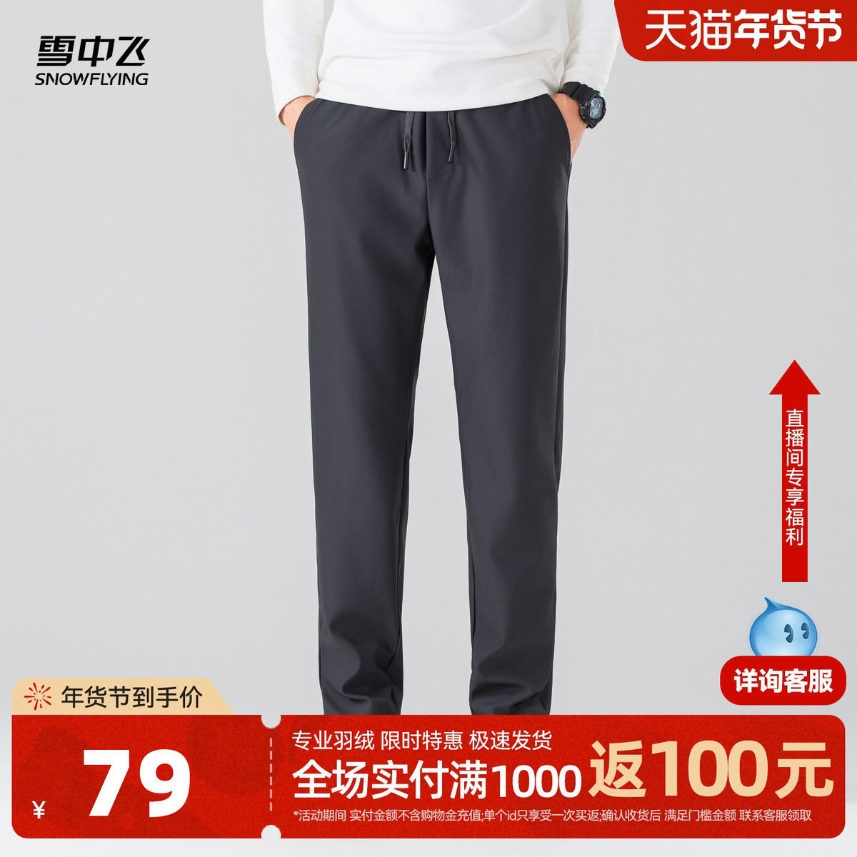 雪中飞2025冬新款男士休闲裤时尚松紧腰直筒商务百搭舒适小脚裤,男装,休闲裤,淘宝优惠券,粉丝福利购,淘宝优惠卷