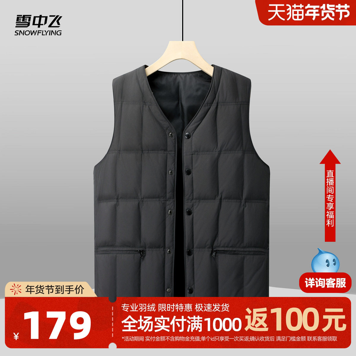 雪中飞2025冬新款男士V领分格轻薄羽绒内穿背心马甲外穿外套,男装,羽绒马甲,淘宝优惠券,粉丝福利购,淘宝优惠卷