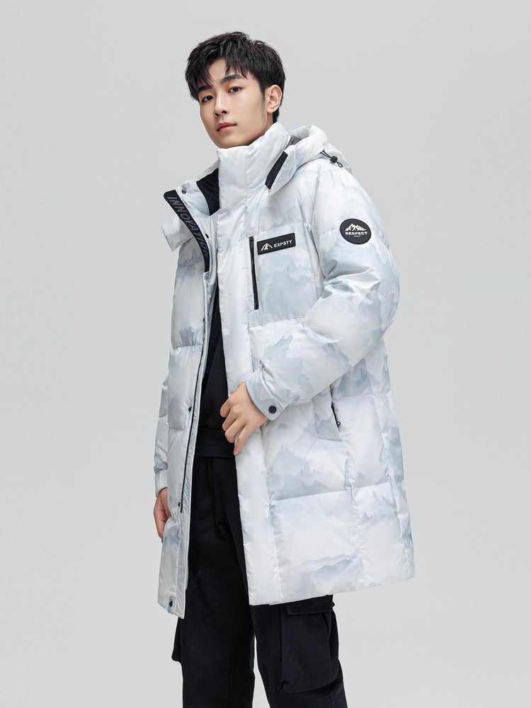 FLYING IN THE SNOW 2024 가을 겨울 신사복 중간 길이 다운 재킷 위장 흰색 유행 따뜻한 대형 포켓 방풍