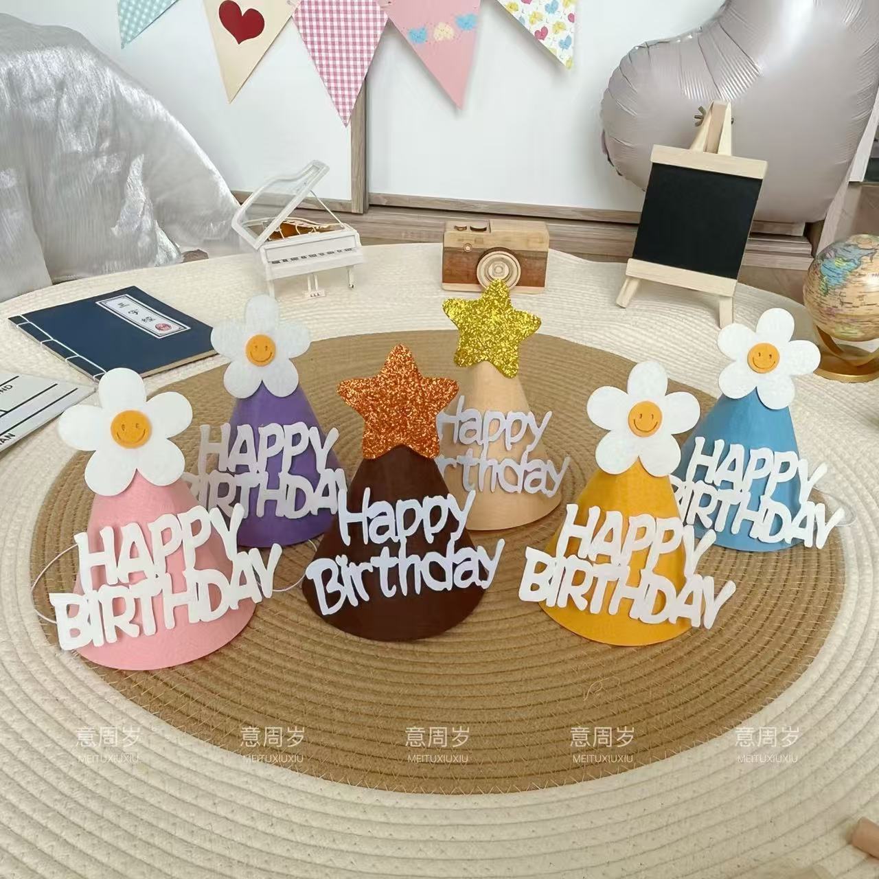 韩国ins风创意diy生日帽宝宝周岁装饰无纺布排队生日帽毛毡帽子