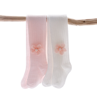 女童夏款连裤袜夏季网眼透气公主棉袜薄款宝宝儿童打底裤珍珠花蕊