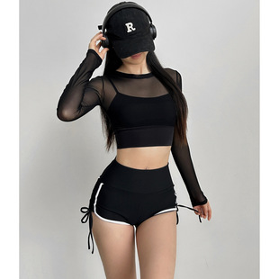 一体式带胸垫瑜伽服假两件长袖圆领网纱健身服运动上衣普拉提