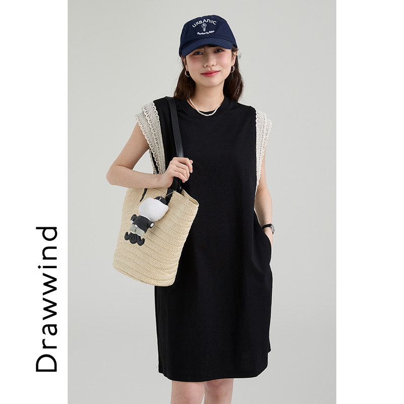 画风drawwind圆领连衣裙女2026新款夏季气质休闲宽松花边飞袖长裙